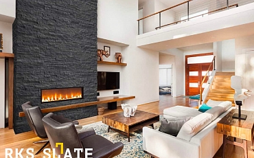 Натуральный камень для отделки камина — 3D мозаика из камня RKS SLATE Кварцит Monsoon Black Rockface