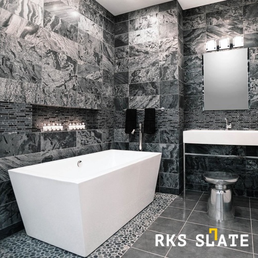 Сланец RKS SLATE Silver Grey Matrix Honed в интерьере ванной комнаты